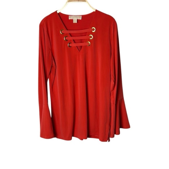 Micheal Kors,blouse,Tulip sleeve ,cut out,metal logo blouse in coral color.EC - Picture 2 of 15